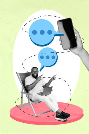 Image collage of businessman work outdoors sunbed use netbook direct fingers smartphone screen correspondence isolated on green backgroundの写真素材