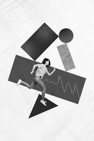 Vertical collage image of excited mini black white effect girl running forward painted geometric figures isolated on paper backgroundの写真素材
