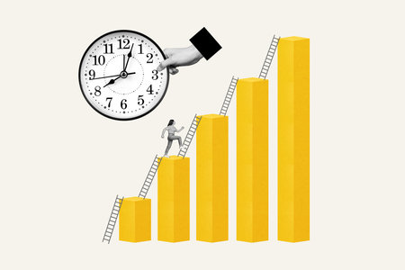 Poster retro pop picture collage of ambitious woman going upstairs career success isolated on drawing white backgroundの写真素材