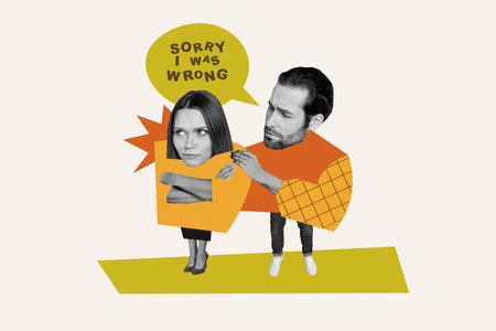 Creative 3d poster painted clothes absurd people collage conflict partners sorry i was wrong...