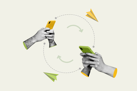 Collage retro pop picture of human arms holding phone typing answer social media chat isolated on...
