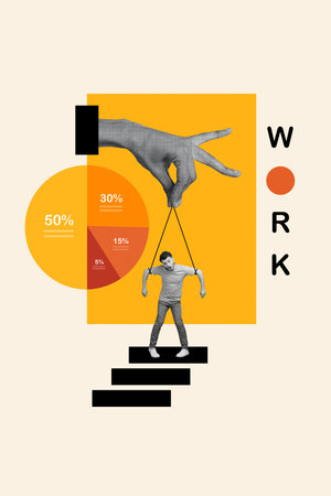 Image collage poster of helpless funny guy hanging rope working office company boss control influence isolated on drawing backgroundの写真素材