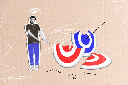 Creative composite illustration photo collage of sad upset confused man directing at broken targets aim isolated on painted backgroundの写真素材