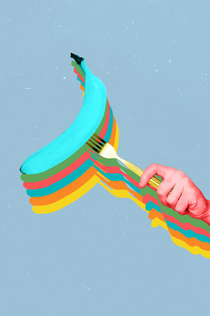 Collage visual effect image illustration of colorful banana fork utensil 3d picture artwork sketch design isolated on blue backgroundの写真素材