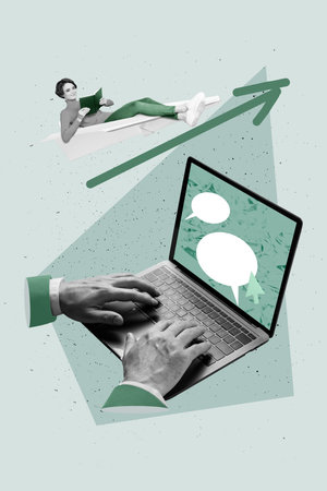 Vertical collage picture of black white colors man arms fingers write message netbook display dialogue bubble mini girl fly paper plane read bookの写真素材