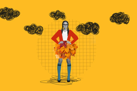 Full body photo collage of young funny woman hands waist autumn mini skirt abstract dry leaves october isolated on yellow backgroundの写真素材
