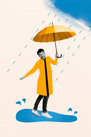 Vertical creative composite photo collage of optimistic guy wear raincoat hold umbrella walk in rain isolated on painted backgroundの写真素材