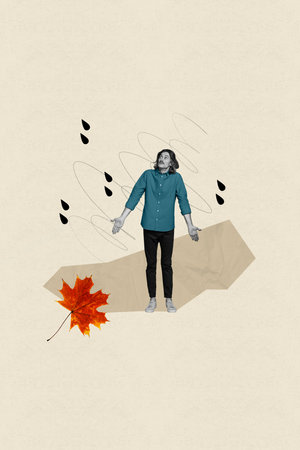 Vertical composite photo abstract collage of clueless confused astonished man go outdoors in rainy weather isolated on drawing backgroundの写真素材