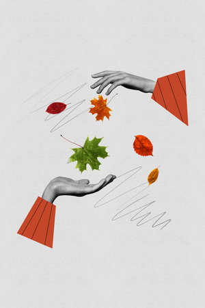 Vertical composite illustration 3d photo collage of two hands manage orange leaves control weather isolated on gray color backgroundの写真素材