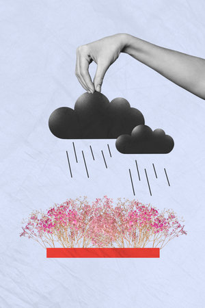 Creative 3d collage photo picture of grey clouds drops raining weather bad forecast blossom bush flowers isolated over drawing backgroundの写真素材