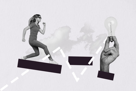 Composite creative illustration photo collage of young inspired woman running think new business...