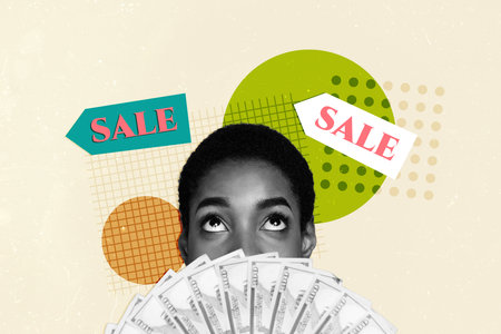 Photo of woman collage money banknotes want spend more dollars looking interested above head sale...