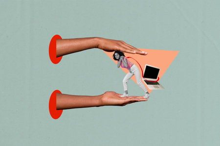 Funky miniature young lady collage illustration hardworking businesswoman drag her laptop for working isolated on grey color backgroundの写真素材