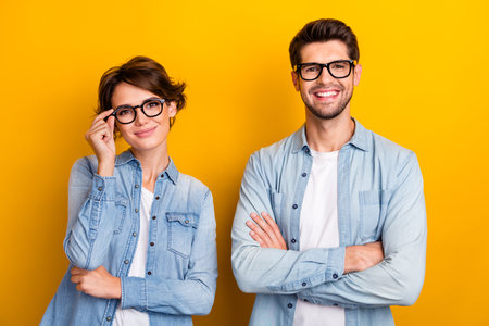 Photo of successful cheerful people best friends confident family team wear stylish jeans outfit...