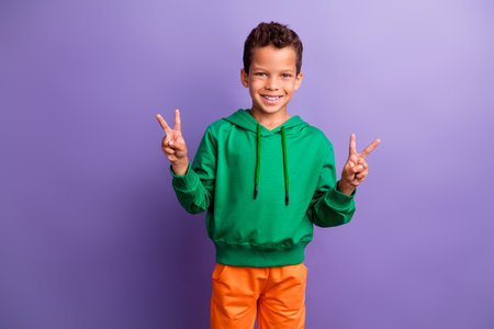 Photo of cheerful charming small boy wear green sweatshirt showing two v-signs isolated violet color...