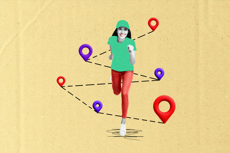 Collage picture of cheerful black white colors girl courier running location destination mark...