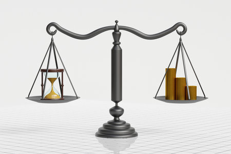 Composite artwork image collage 3d picture hourglass balance weights scale golden coins cash make interest isolated on white backgroundの写真素材