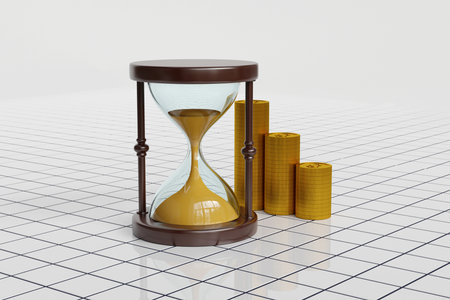 Creative photo 3d picture collage artwork sand hourglass punctuality money golden time is money...