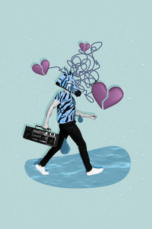 Collage radio listen music head mask disguise zebra walking holding boombox listen sad soundtrack...