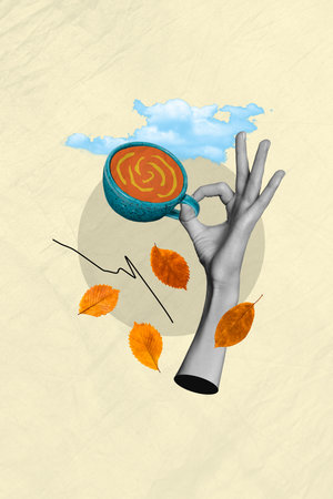 3d abstract collage artwork of hand holding cup tasty sweet cacao morning autumn season dropping leaves isolated over beige backgroundの写真素材