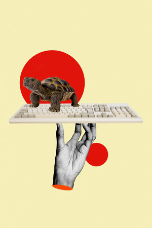 Composite creative artwork collage of antique miniature funny turtle animal mechanical keyboard device isolated on beige color backgroundの写真素材