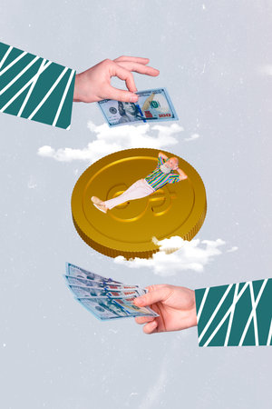 Vertical collage of mini peaceful grandfather lay huge money coin big arms hold dollar banknotes...