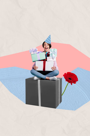Picture collage postcard of smiling positive lady sitting huge box hold many birthday gifts isolated on colorful drawing backgroundの写真素材