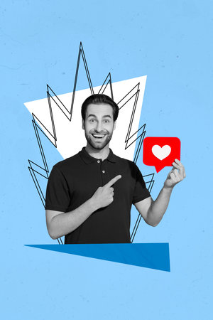 Photo collage artwork minimal picture of funny smiling guy pointing finger feedback heart isolated...