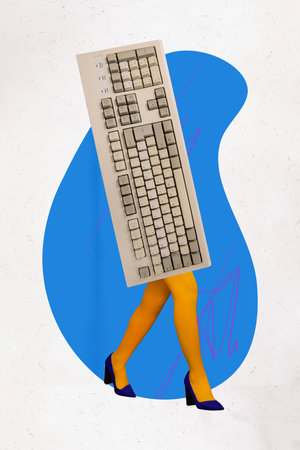 Creative vertical illustration collage absurd headless woman email mechanical keyboard walking high...