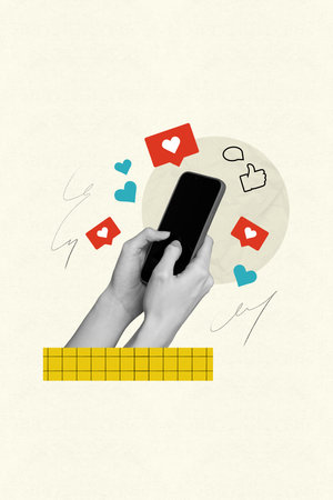 Vertical creative composite abstract photo collage of fingers typing messages on smartphone in...