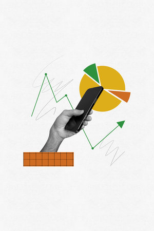 Creative abstract template collage of hand hold smartphone device telephone screen arrows point diagram data analysis workerの写真素材