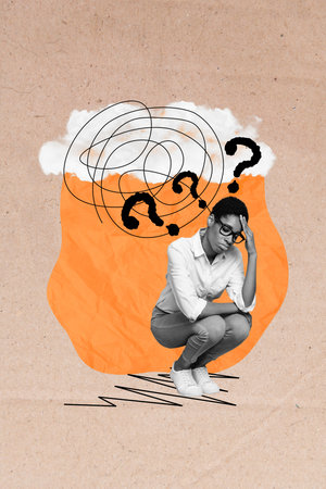 Collage 3d retro sketch image of unsure uncertain lady guy asking questions isolated painting backgroundの写真素材
