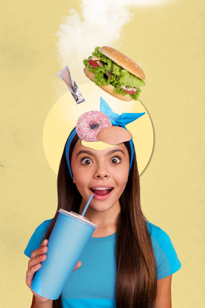 Collage of surprised woman young age drinking soda coca cola mind think about hamburger donuts chewing gum isolated on yellow backgroundの写真素材