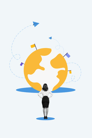 Photo sketch collage picture of confident lady creating worldwide delivery start up isolated white...