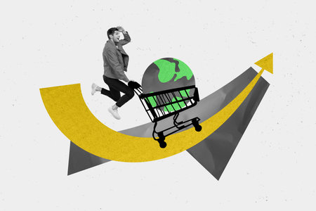 Composite collage image of walking young man supermarket trolley cart planet earth globe recycling ecology arrow point climate supportの写真素材