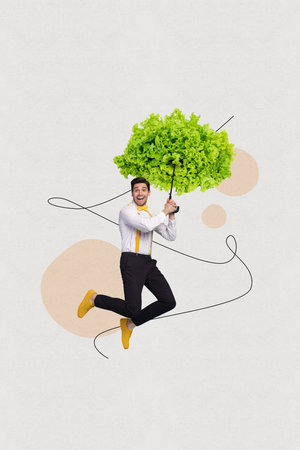 Vertical collage image of funky happy guy flying air hold imaginary green pasol isolated on drawing backgroundの写真素材