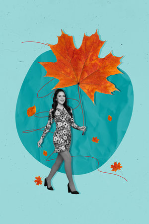Vertical collage of cheerful elegant black white effect girl arm hold big fallen maple leaf walking isolated on blue backgroundの写真素材