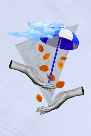 Collage illustration 3d picture of hands holding summer sun parasol new season autumn dropping leaves isolated over grey backgroundの写真素材
