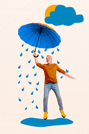 Vertical creative composite photo collage of cheerful old man jumping hold umbrella in rainy weather isolated on white color backgroundの写真素材