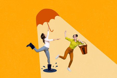 Photo collage of two young girls rainy weather holding collecting drops protect hold parasol waterproof isolated on yellow backgroundの写真素材