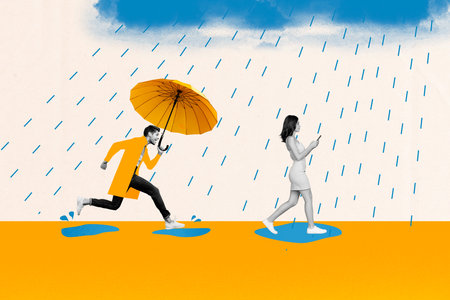 Creative composite photo collage of man hold umbrella running to careless woman looking at smartphone isolated on drawing backgroundの写真素材