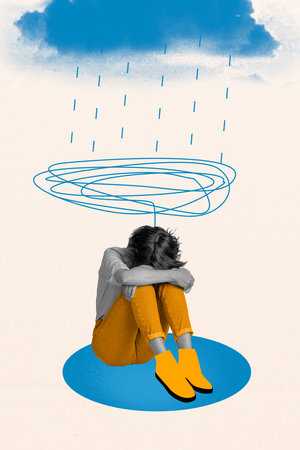 Vertical creative composite illustration photo collage of sad upset woman sitting in puddle under rainfall isolated on painted backgroundの写真素材