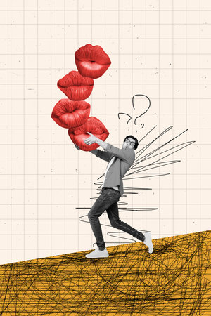 Vertical collage of impressed mini black white effect guy arms hold pile stack pouted kissing lips question mark isolated on painted backgroundの写真素材