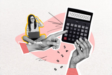 Creative collage picture of black white colors mini girl sit huge arm hold point finger calculator isolated on drawing backgroundの写真素材