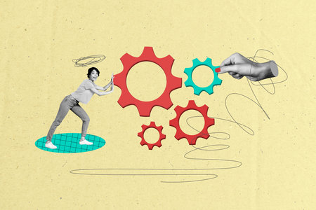 Image illustration 3d pop collage artwork of young funny engineer pushing mechanism automation settings isolated on yellow backgroundの写真素材