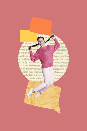 Full body length of young girl jumping careless collage image have fun positive receive messages feedback isolated on pink backgroundの写真素材