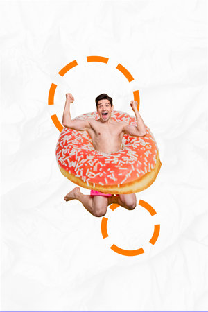 Vertical collage of overjoyed positive guy jumping raise fists wear huge glazed donut instead...
