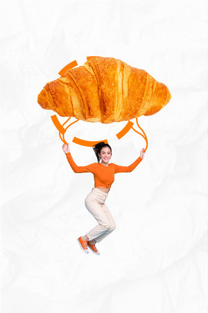 Vertical collage image of excited mini girl arms hold flying big croissant instead parachute isolated on paper white backgroundの写真素材