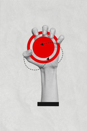 Vertical collage image of black white effect arm hold darts board target arrow pointers isolated on paper grey backgroundの写真素材