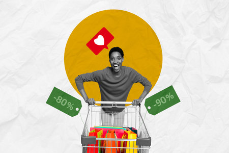 Promo banner collage of crazy happy young woman go mall center push cart mega super sale -80 -90...